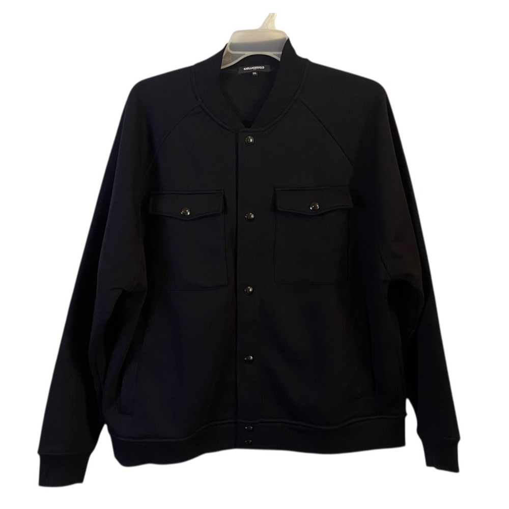 Karl Lagerfeld Paris Mens XXL Black Bomber Jacket Button Front Coat